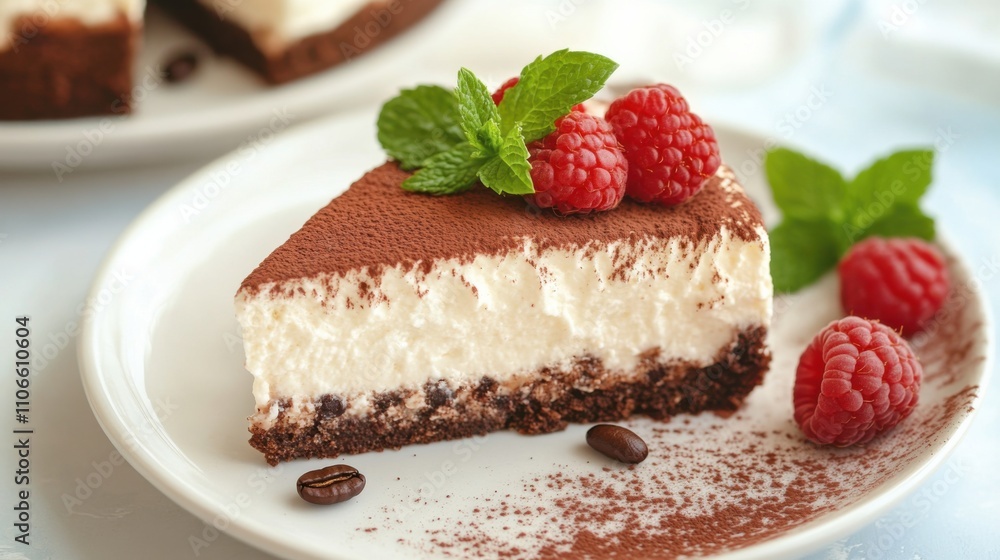 A decadent slice of tiramisu cheesecake topped with cocoa powder and espresso beans, Cheesecake slice centered, Soft candlelight adding a romantic ambiance A decadent slice of tiramisu cheesecake topped with cocoa powder and espresso beans, Cheesecake slice centered, Soft candlelight adding a romantic ambiance