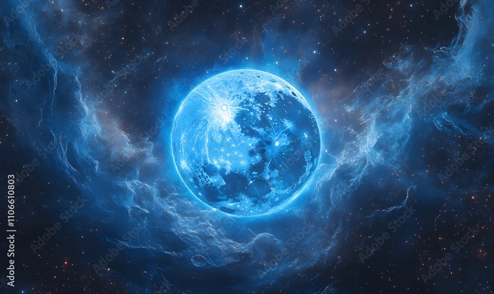 Obraz premium the blue supermoon with its glowing blue halo, showing detailed surface features and a cris