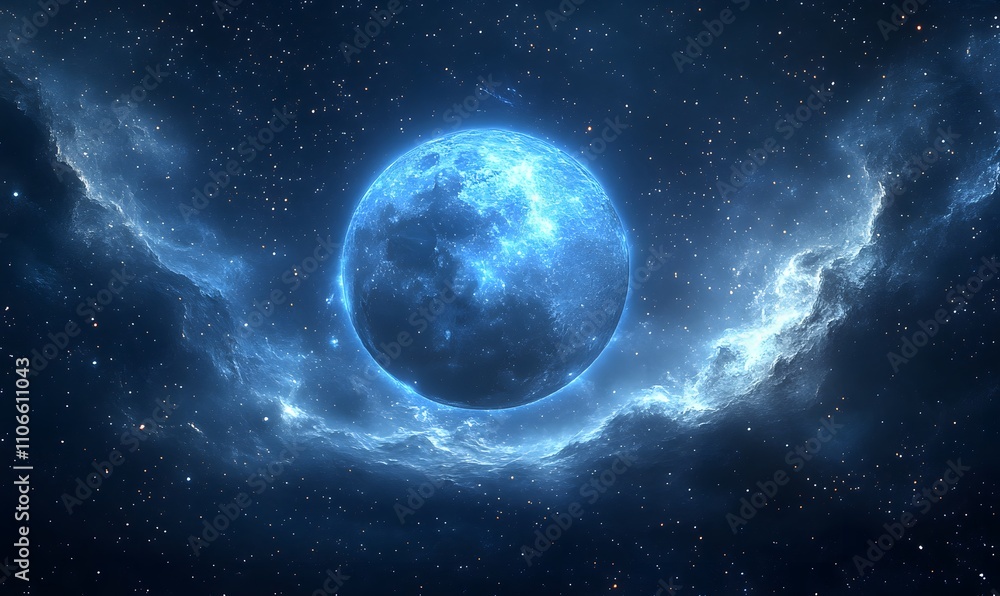 Fototapeta premium the blue supermoon with its glowing blue halo, showing detailed surface features and a cris
