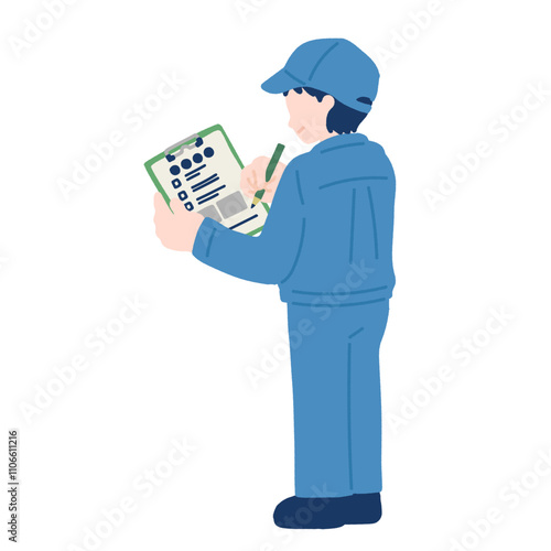 立ってチェックをする作業服を着た男性(後ろ姿)のフラットなイラスト
