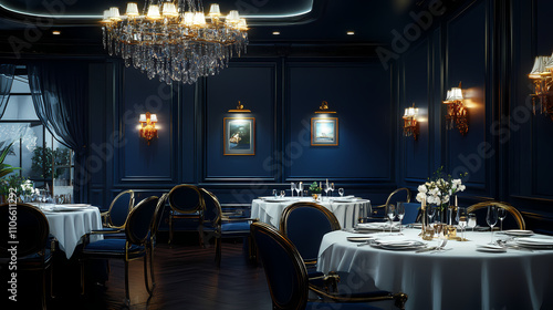 Fine dinning in an elegant and opulent setting with dark blue walls and crystal chandeliers. Opulent. Illustration photo