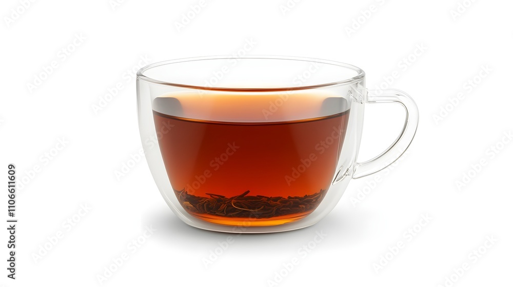 a cozy cup of rooibos tea in transparent glass highlighting the deep amber color of the tea with loose leaves aside a cozy cup of rooibos tea in transparent glass highlighting the deep amber color of the tea with loose leaves aside