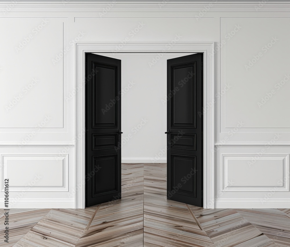 Open black double doors in a modern white room with wood floor Open black double doors in a modern white room with wood floor