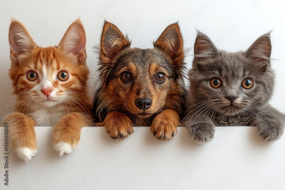 adorable dogs and cats lounging together, playfully hanging their paws over a white horizontal banner, evoking a sense of companionship and joy, perfect for a social media header or website design