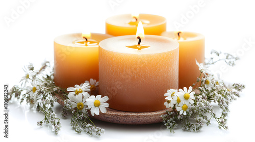 Four lit amber candles on a plate with chamomile flowers.