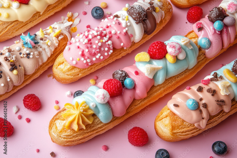 Pink background filled with a variety of pastries: croissants, muffins, and cupcakes, creating a tempting display for a bakery or pastry shop. Pink background filled with a variety of pastries: croissants, muffins, and cupcakes, creating a tempting display for a bakery or pastry shop.