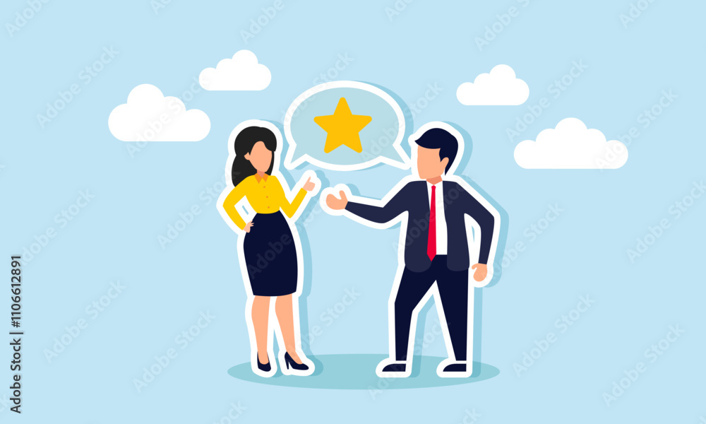 A businessman and businesswoman talk, creating a dialogue box labeled with stars, illustration of sharing ideas on strategies to improve business ratings and quality A businessman and businesswoman talk, creating a dialogue box labeled with stars, illustration of sharing ideas on strategies to improve business ratings and quality