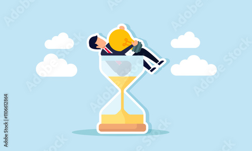 Businessman holding a lamp, relaxing and stuck in an hourglass, illustration of consistency in applying business ideas and innovations