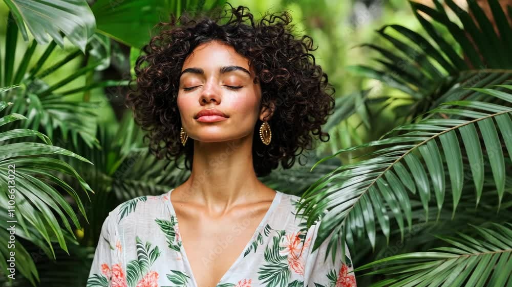 Woman with curly hair surrounded by tropical plants enjoying a moment of tranquility in a lush environment Woman with curly hair surrounded by tropical plants enjoying a moment of tranquility in a lush environment