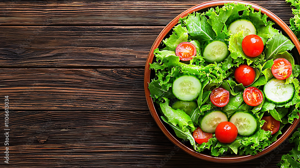 vibrant close up of colorful salad in wooden bowl, featuring fresh lettuce, juicy cucumber, and ripe cherry tomatoes. image evokes feelings of freshness, health, and vibrancy. rich colors of salad vibrant close up of colorful salad in wooden bowl, featuring fresh lettuce, juicy cucumber, and ripe cherry tomatoes. image evokes feelings of freshness, health, and vibrancy. rich colors of salad