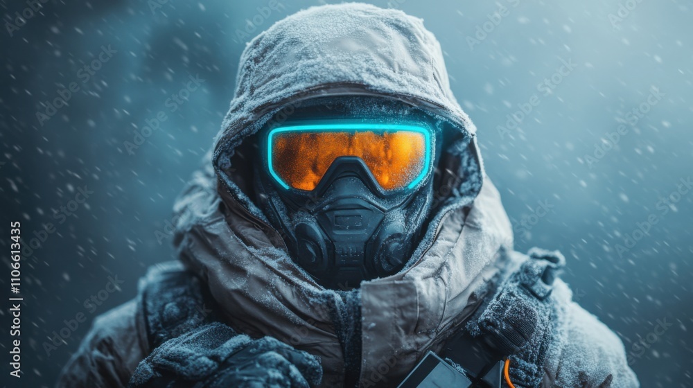 A solitary figure wearing a snow-covered winter gear and futuristic goggles stands against a dramatic snowy landscape, evoking a sense of adventure and exploration in extreme conditions. A solitary figure wearing a snow-covered winter gear and futuristic goggles stands against a dramatic snowy landscape, evoking a sense of adventure and exploration in extreme conditions.