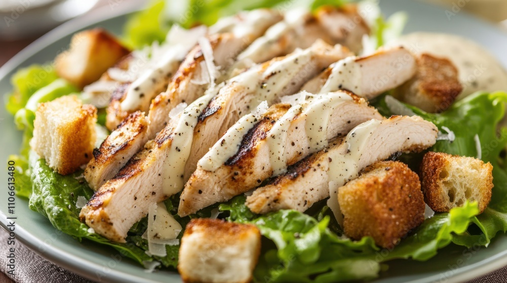 A delightful plate of chicken Caesar salad topped with grilled chicken strips, croutons, and shaved Parmesan cheese A delightful plate of chicken Caesar salad topped with grilled chicken strips, croutons, and shaved Parmesan cheese