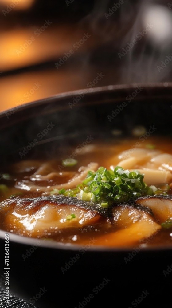 暗い背景に野菜と湯気が入ったおいしい温かい麺スープ 暗い背景に野菜と湯気が入ったおいしい温かい麺スープ