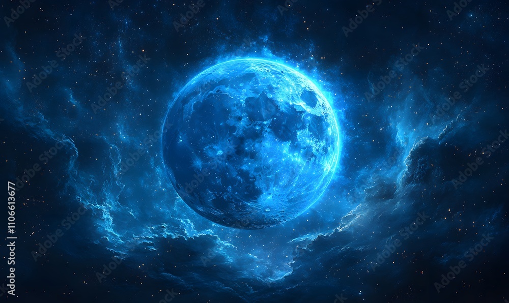 The blue supermoon casting a shimmering blue reflection or light effect on an abstract The blue supermoon casting a shimmering blue reflection or light effect on an abstract