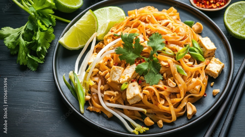 A delightful plate of chicken pad Thai noodles with tofu, bean sprouts, and peanuts A delightful plate of chicken pad Thai noodles with tofu, bean sprouts, and peanuts