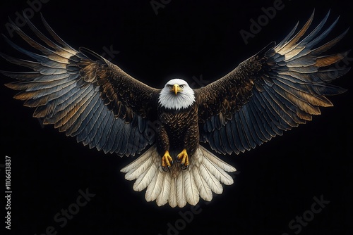 an intricate engraving-style eagle logo, showcasing the majesty and power of the bird with bold lines and detailed feathers, symbolizing freedom and strength in a classic design photo