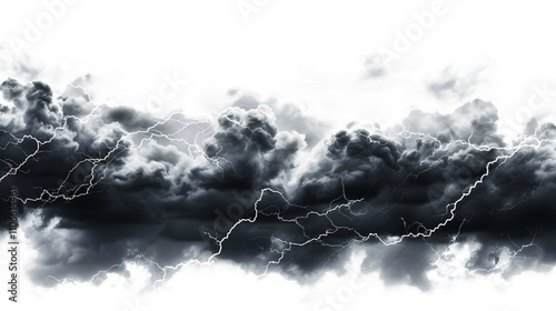 Dark storm clouds with lightning isolated on white and transparent background. Ominous Storm Clouds with Lightning Bolts Isolated on White, Dramatic Weather Photo.