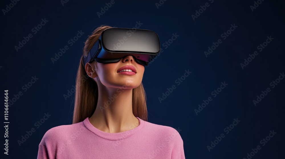 Woman Wearing Virtual Reality Headset with a Bright Expression Against a Dark Background, Emphasizing Modern Technology and Immersive Experience Woman Wearing Virtual Reality Headset with a Bright Expression Against a Dark Background, Emphasizing Modern Technology and Immersive Experience