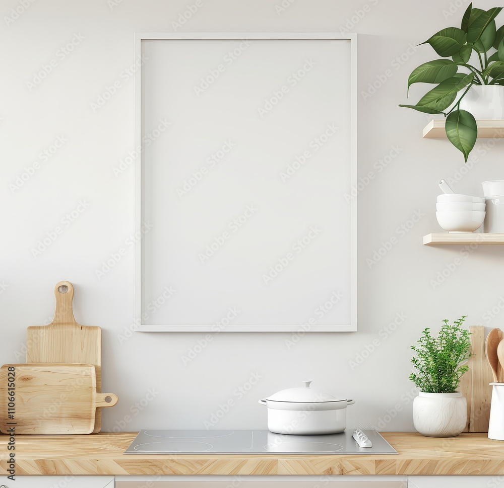 White framed mockup hanging on a white wall in a kitchen with wooden counter. pot and plants on the shelves White framed mockup hanging on a white wall in a kitchen with wooden counter. pot and plants on the shelves