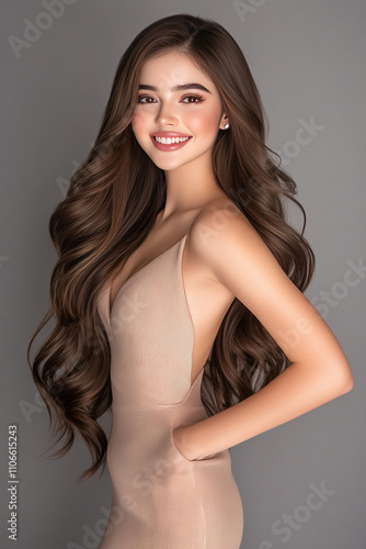 portrait of a Brunette caucasian beauty model with trendy wavy long hairstyle