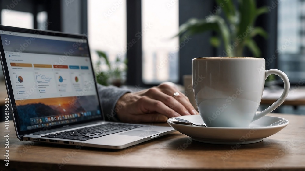Fototapeta premium A hands holding a coffee cup, with a blurred laptop and office environment in the background. 