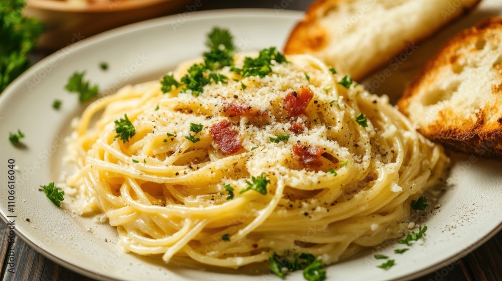 A delightful plate of spaghetti carbonara with crispy pancetta, eggs, and Parmesan cheese A delightful plate of spaghetti carbonara with crispy pancetta, eggs, and Parmesan cheese