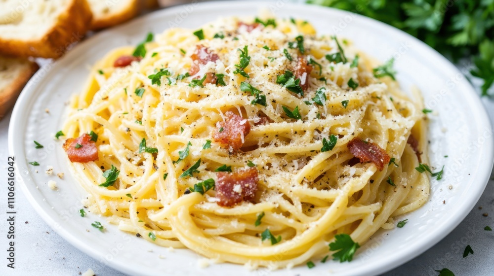 A delightful plate of spaghetti carbonara with crispy pancetta, eggs, and Parmesan cheese A delightful plate of spaghetti carbonara with crispy pancetta, eggs, and Parmesan cheese