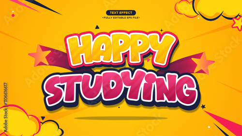 Happy Studying 3D Cartoon Vector Text Effect. Funny, Happy, and Comic Style