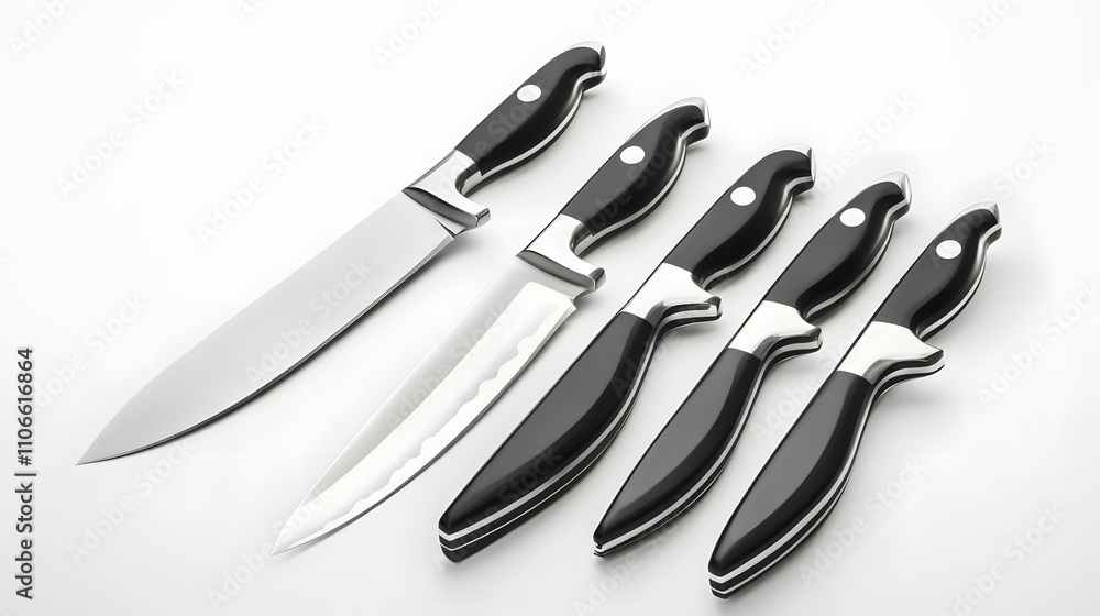 Obraz premium Stainless steel kitchen knives with black handles isolated on white background.