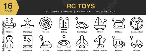 RC Toys icon set. Editable Stroke Icon Collection. Includes battery, car rc, plane, powerbank, remote controller, and More. Outline icons vector collection.