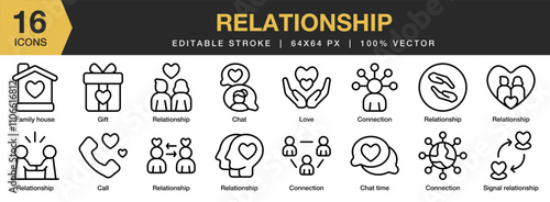Relationship icon set. Editable Stroke Icon Collection. Includes call, chat time, connection, family house, gift, love, and More. Outline icons vector collection.