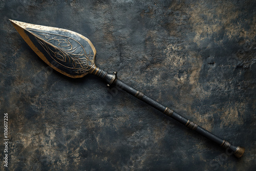 Gold and black dagger on dark background. photo