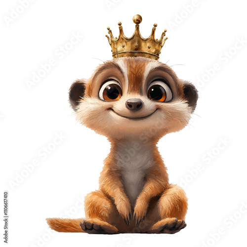 Cute baby meerkat wearing a golden crown, sitting upright with a cheerful expression and large bright eyes. Perfect for royalty-themed animal illustrations, nursery art, and whimsical wildlife designs