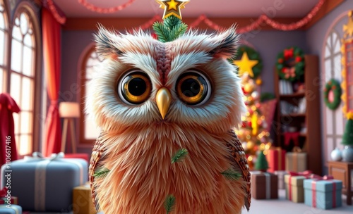 owl christmas The colorful christmas tree stands in the center of room  animal, decoration, season, bird photo