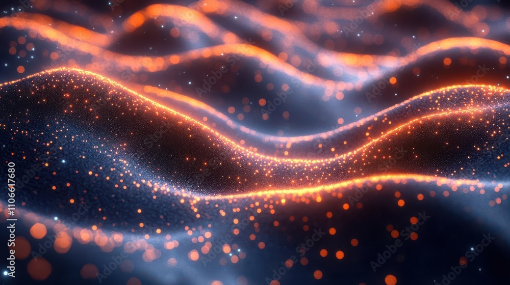 A mesmerizing abstract image showcasing flowing waves of light with glowing particles in vibrant orange and deep blue tones. A mesmerizing abstract image showcasing flowing waves of light with glowing particles in vibrant orange and deep blue tones.