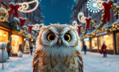 owl christmas New year celebration in winter city, christmas decorations on a street  animal, decoration, season, bird