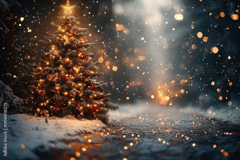 Naklejka premium blurry christmas background with a beautifully lit tree adorned with sparkling garlands and snowflakes, creating a magical festive atmosphere perfect for holiday celebrations