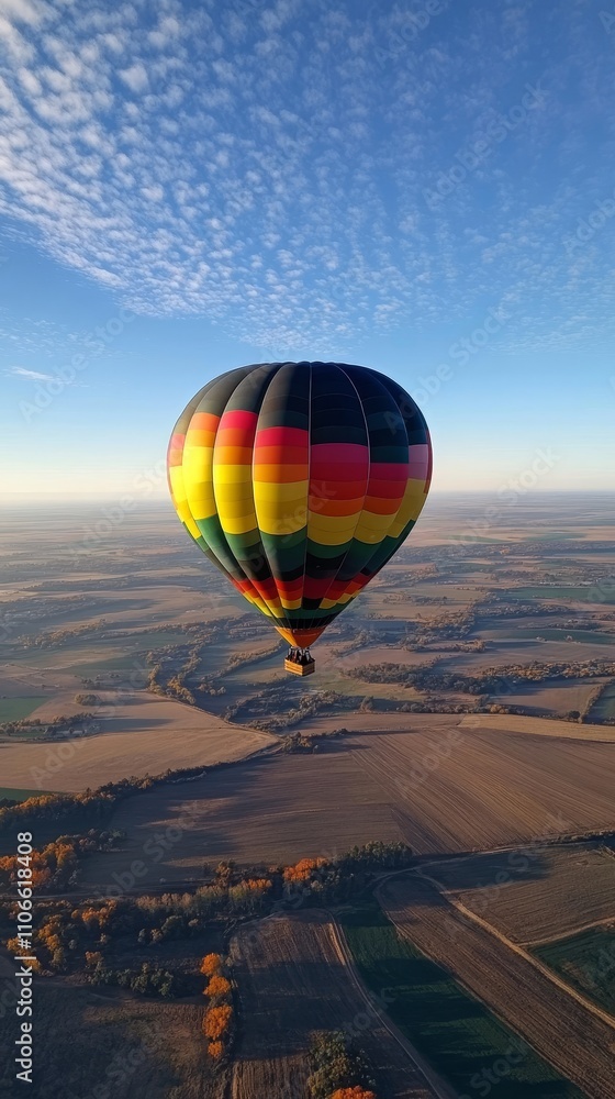 Obraz premium A stunning real-life image of a colorful hot air balloon floating gently in the sky, with expansive landscapes stretching out below. 