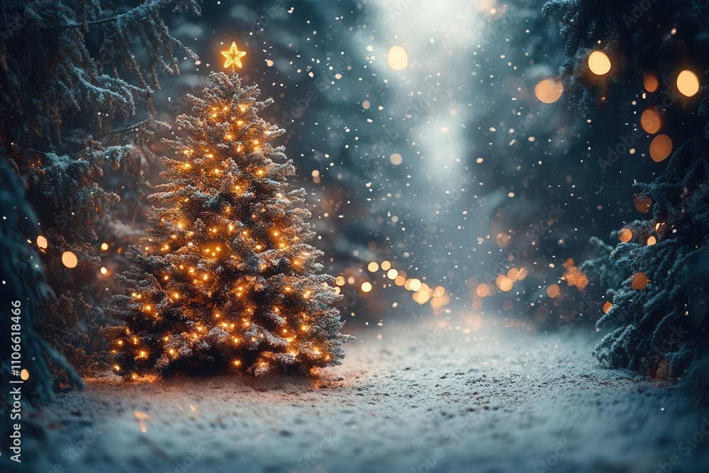 Obraz premium blurry christmas background with a beautifully lit tree adorned with sparkling garlands and snowflakes, creating a magical festive atmosphere perfect for holiday celebrations