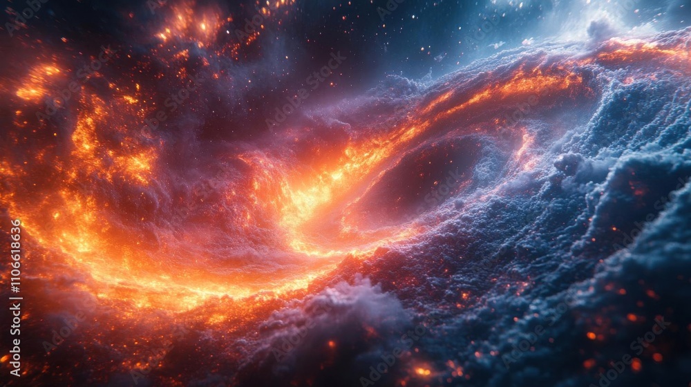 Fototapeta premium A vibrant cosmic scene featuring swirling clouds of gas and fiery elements, evoking the beauty and mystery of the universe.