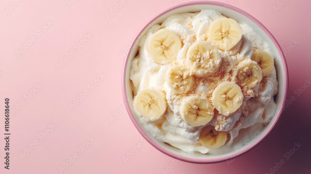 Creamy Banana Dessert in Pink Bowl Creamy Banana Dessert in Pink Bowl
