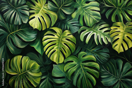 Wallpaper Mural Vibrant green leaves stand out against a sleek black backdrop. Torontodigital.ca