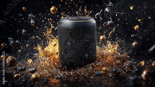 Dynamic Home Speaker in a Glowing Liquid Explosion: 3D Render AI Generated photo