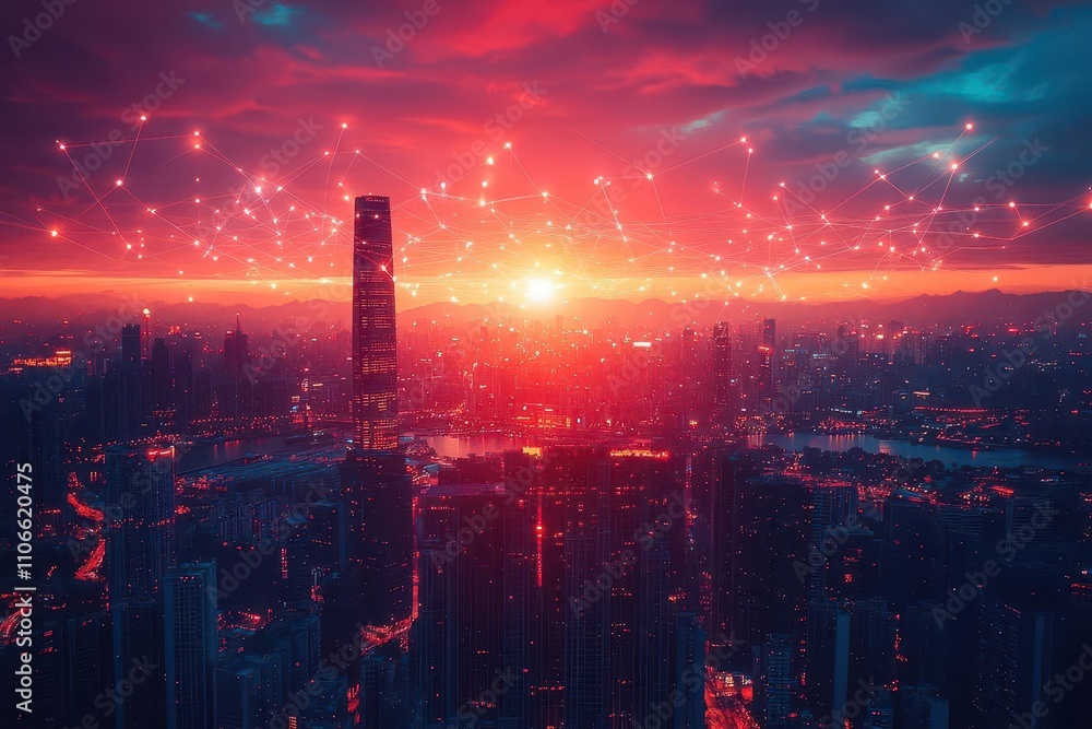 Fototapeta premium business executives connecting through digital networks, showcasing a vibrant city skyline at sunset, with bright lights and colors reflecting a modern work environment