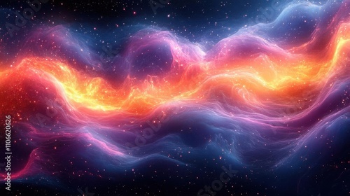 A vibrant cosmic scene featuring swirling clouds of purple and orange, set against a starry backdrop, evoking the mystery and beauty of the universe.