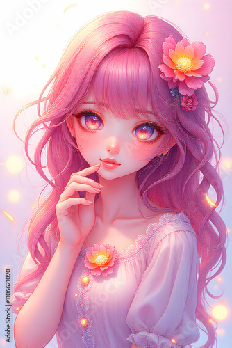 anime style portrait of a girl with a flower on her head