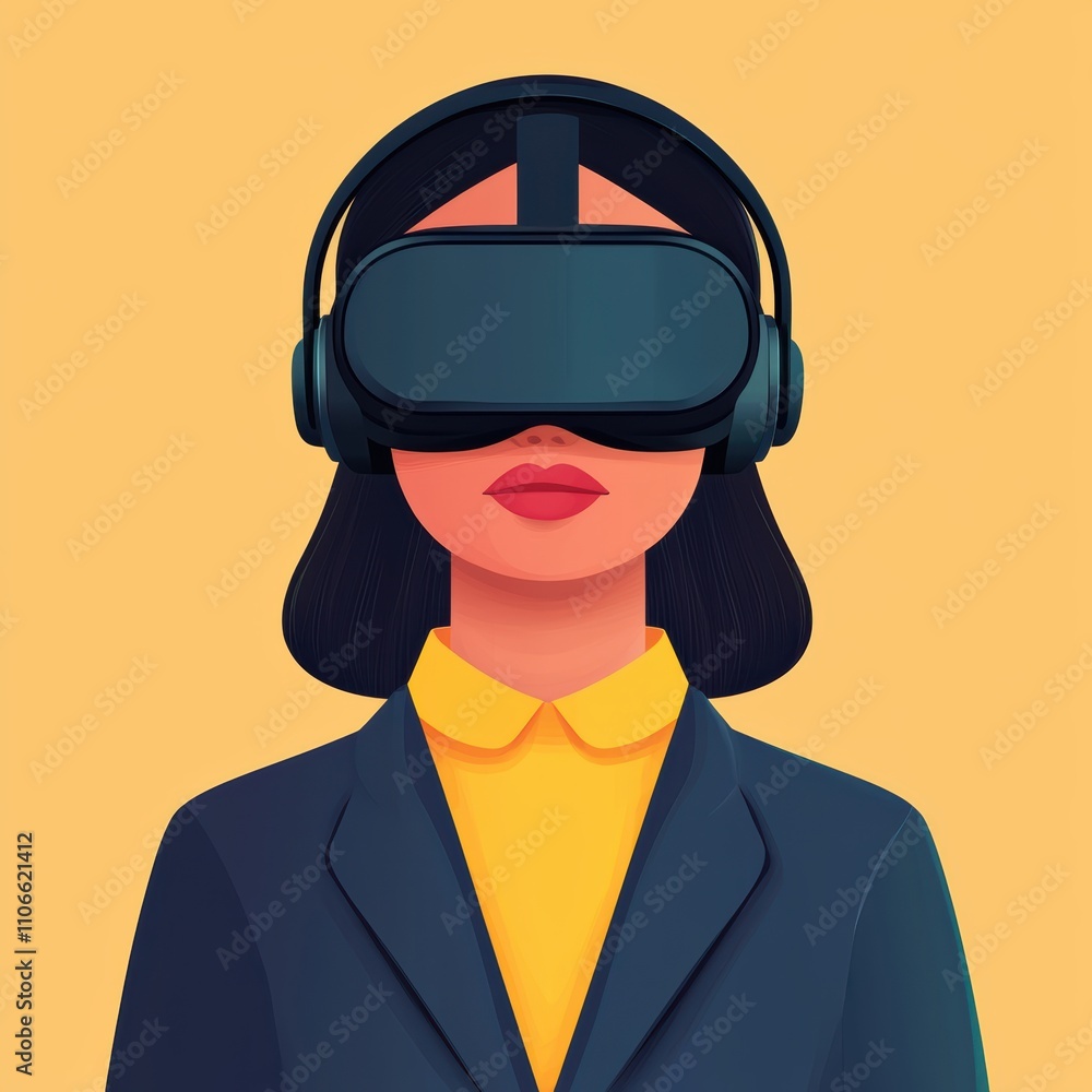 A woman wearing a virtual reality headset, dressed in a suit, is immersed in a digital experience against a bright yellow background A woman wearing a virtual reality headset, dressed in a suit, is immersed in a digital experience against a bright yellow background