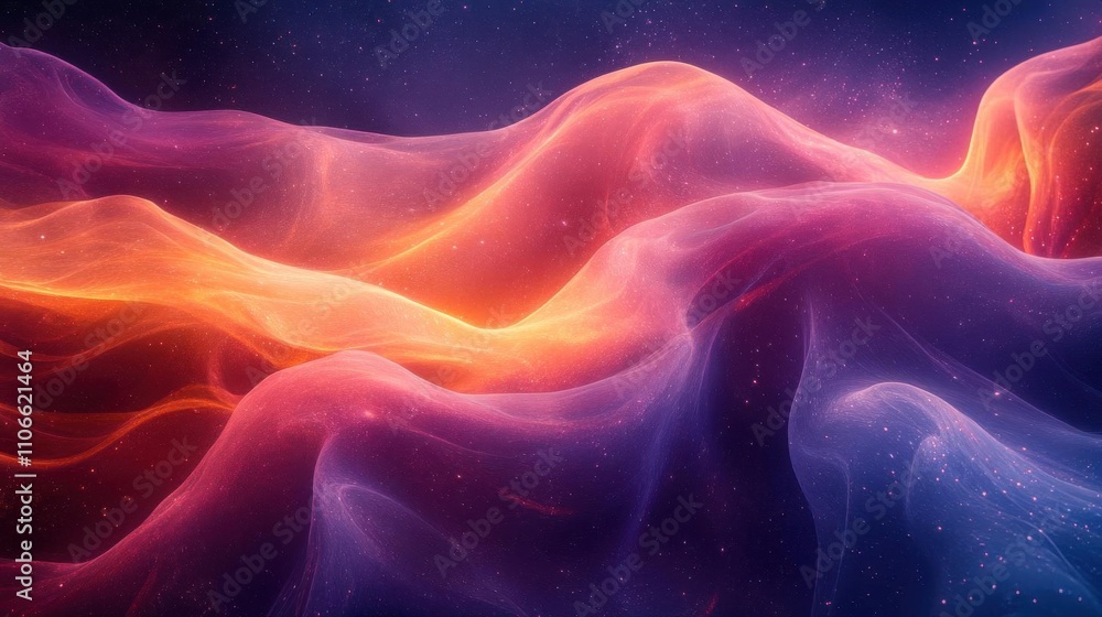 A vibrant, abstract representation of colorful waves, blending hues of purple, orange, and blue, creating a cosmic, ethereal atmosphere. A vibrant, abstract representation of colorful waves, blending hues of purple, orange, and blue, creating a cosmic, ethereal atmosphere.