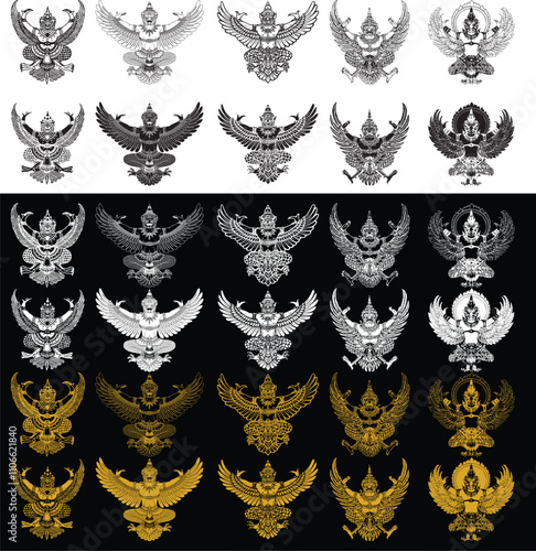 Garuda image, Symbol Thai government documents set.
Set Thai Garuda logos black,white and gold on black and white background. Thailand Garuda decorative logos isolated vector illustrations collection.