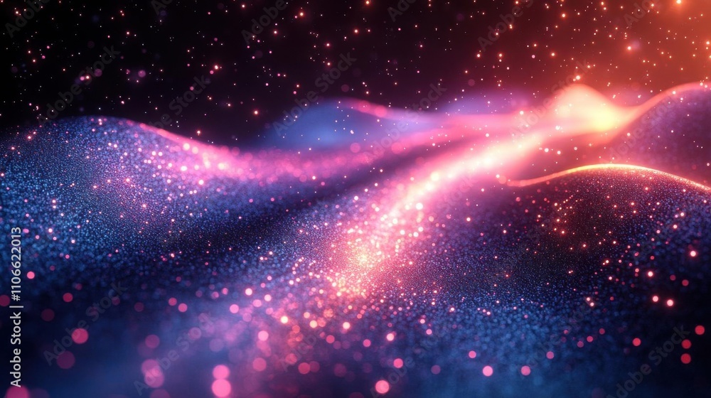 A vibrant, cosmic landscape featuring shimmering waves of purple and blue hues, illuminated by sparkling particles and glowing highlights. A vibrant, cosmic landscape featuring shimmering waves of purple and blue hues, illuminated by sparkling particles and glowing highlights.